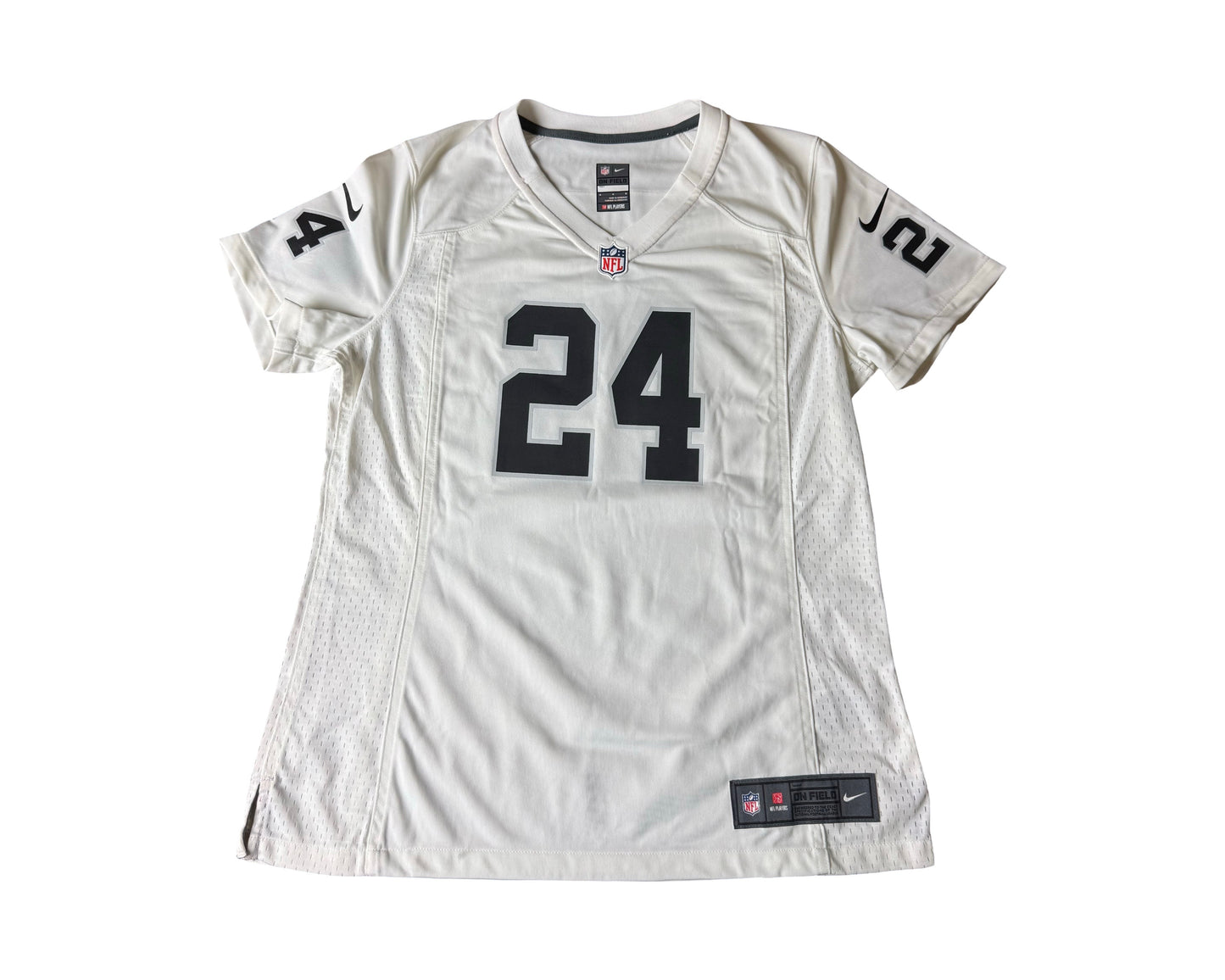 Marshawn Lynch Raiders #24 Autographed Nike White Game Jersey (Women’s) Front