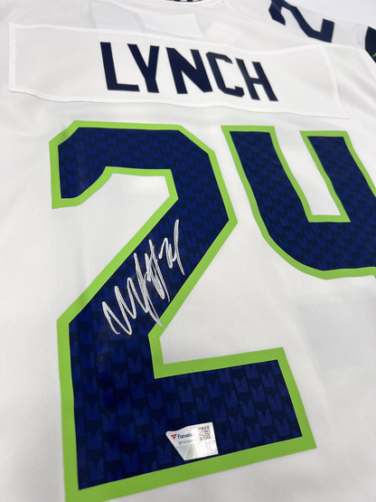 Marshawn Lynch Seattle Seahawks #24 Autographed Nike Custom Game Jersey (White, Size XL), Close-up